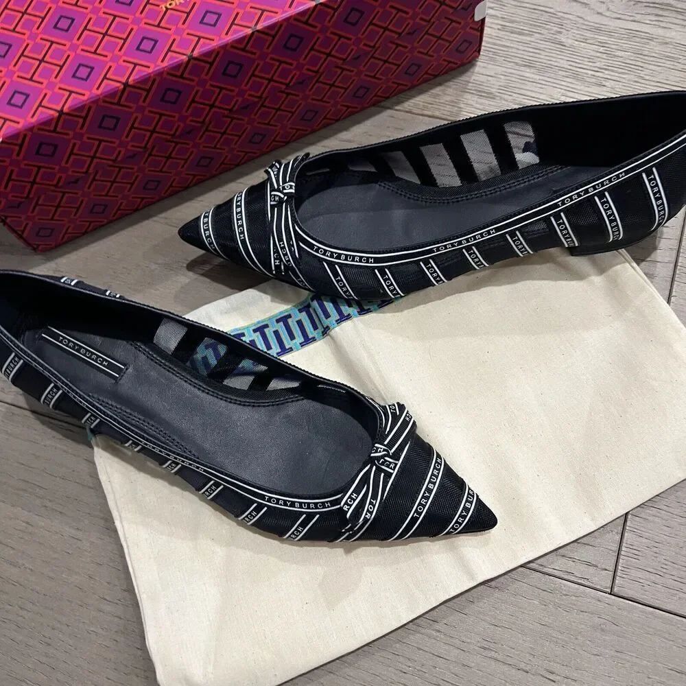 Tory Burch Penelope Mesh Flats Pointed Toe Logo Size 7.5 NEW